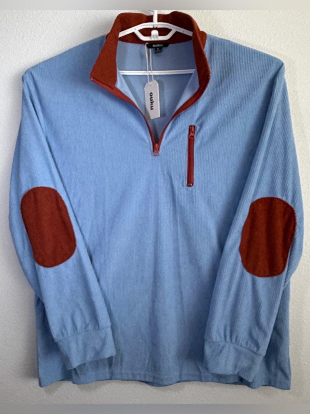 OUKU Men’s XL 1/4 Zip Pullover Ribbed Knit Light Blue Elbow Patches NWT